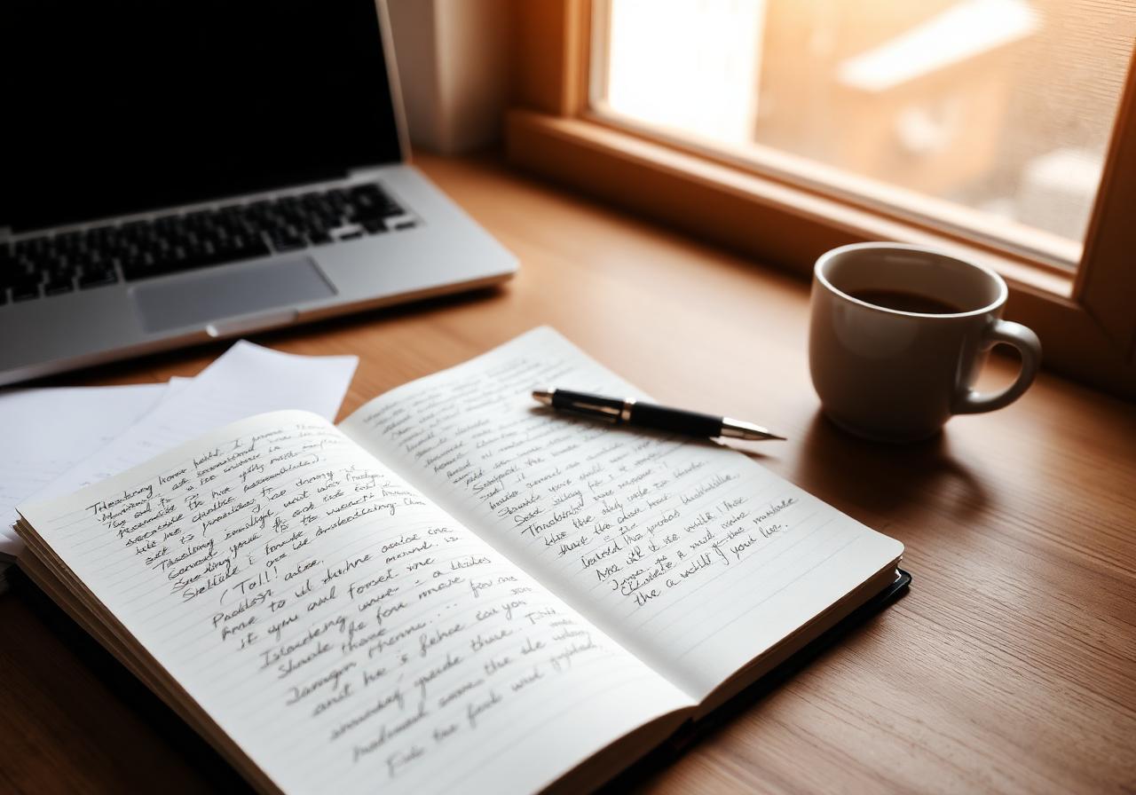 Notebook with handwritten reflections beside a laptop and coffee